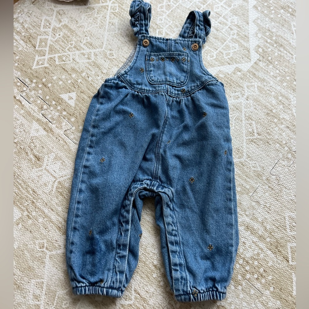 Zara | Denim floral embroidered jumpsuit 6-9m